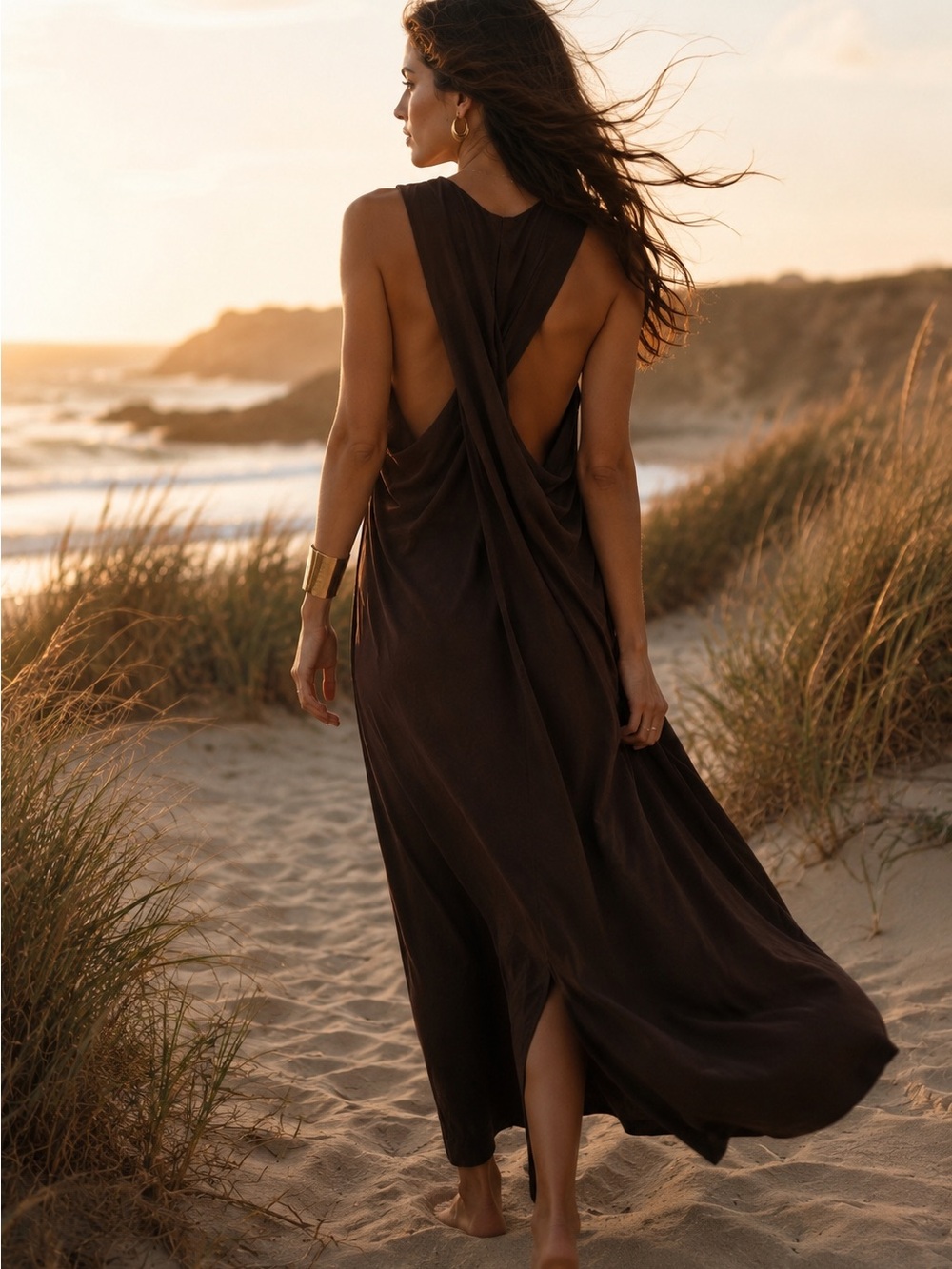 Zara Chocolate Brown Draped Open Back Sleeveless Maxi Dress Size Large Cotton